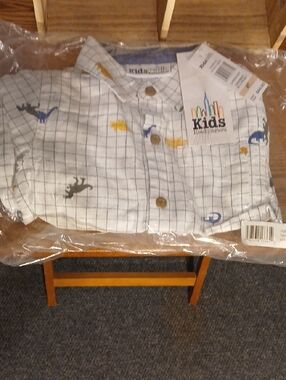 Essentials White Grid Button-Down Shirt with Colorful Dinosaur Prints